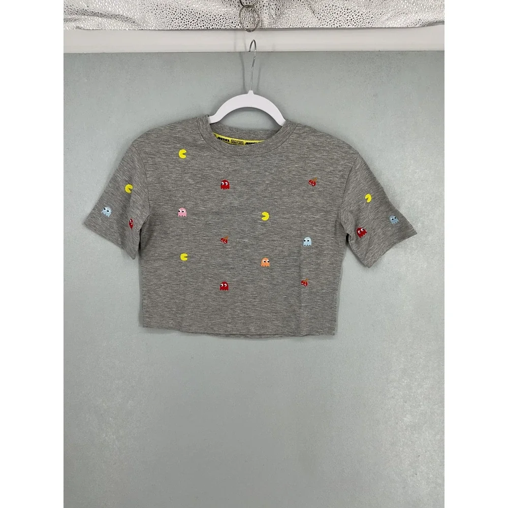 Justice Girls Pac-Man Cropped Graphic Tee Embroidered Gray S 7/8
